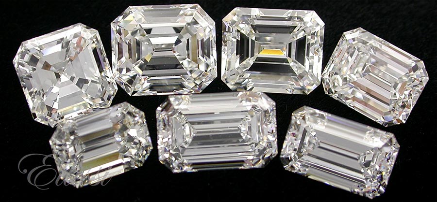 The Emerald Cut diamonds displayed here have a high clarity grade. Part of a good diamond education is to know what grading elements are important for different cuts of diamond