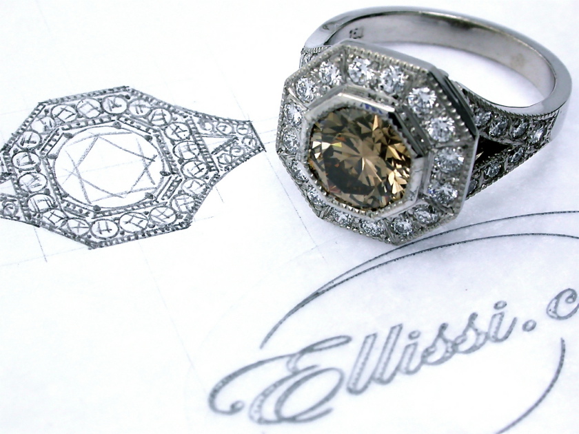 Cognac diamond engagement ring, antique art deco completed with ring designing by ellissi