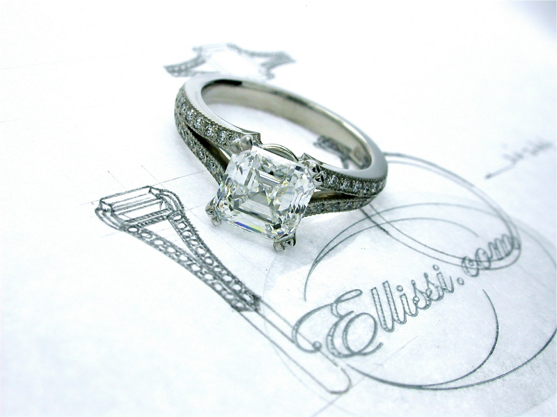 Asscher cut diamond engagement ring design with twin claws after ring designing