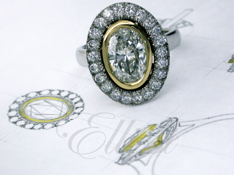Custom design engagement ring, oval halo diamond ring designing.
