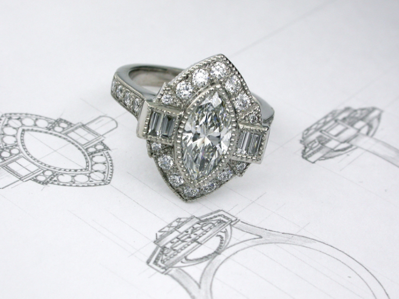 Beaded art deco diamond cluster engagement ring designing