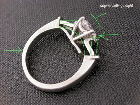 Damage can be Impact from above pushes the setting down on this engagement ring, bending the ring and breaking the setting