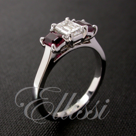 “Dahlia” 18 ct white gold 3 stone ruby and diamond ring