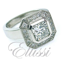 “Marcelina” Art Deco inspired Radiant cut diamond ring.