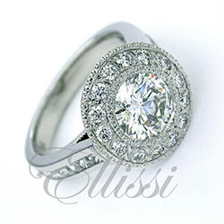 "Sunflower" round brilliant cut diamond with mille grain edge