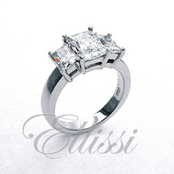 "Radiate" three stone Radiant Cut diamond ring.