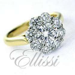 "Sun" Round brilliant cluster ring with yellow gold.