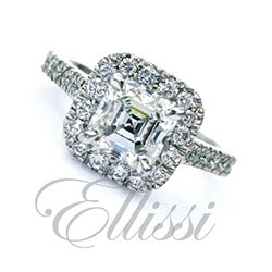 “Beatitudo” Asscher cut diamond halo cluster ring.