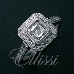 “Ambrosia” Asscher cut diamond cluster ring.