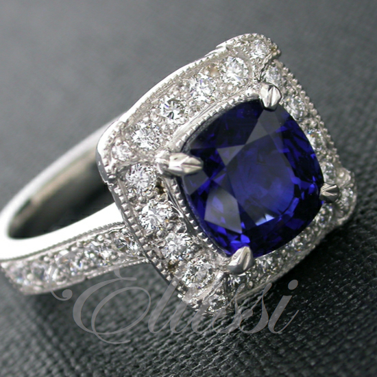 “Paige” Antique style ceylon sapphire cluster ring.