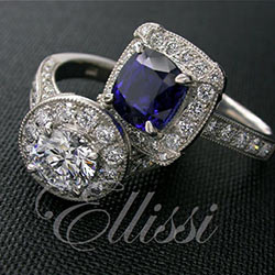 View of “Paige” with another antique halo cluster ring.