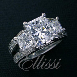 "Electra" Three stone Radiant cut diamond ring.