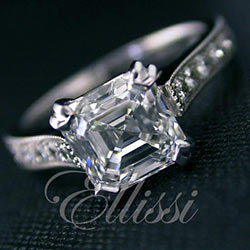 “Gratia” Asscher cut diamond in a double claw basket.