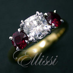 “Rosa” Three stone diamond and ruby ring.