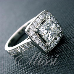 “Lucy” Princess cut diamond halo cluster ring.