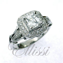 "Eva" Asscher cut diamond halo cluster ring.