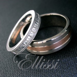 "Unity" Rose gold, Carré diamond wedding bands.