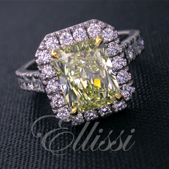 "Lurdes" Yellow radiant cut diamond cluster ring.