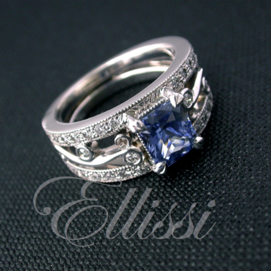 “Serena” Cushion Ceylon Sapphire and diamond band