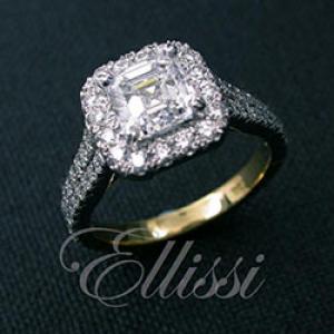 "Jacintha" Asscher cut diamond halo ring.