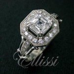 "Manuella" Asscher cut diamond halo ring.