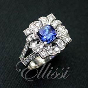 "Manola" Ceylon Sapphire diamond ring, antique style.