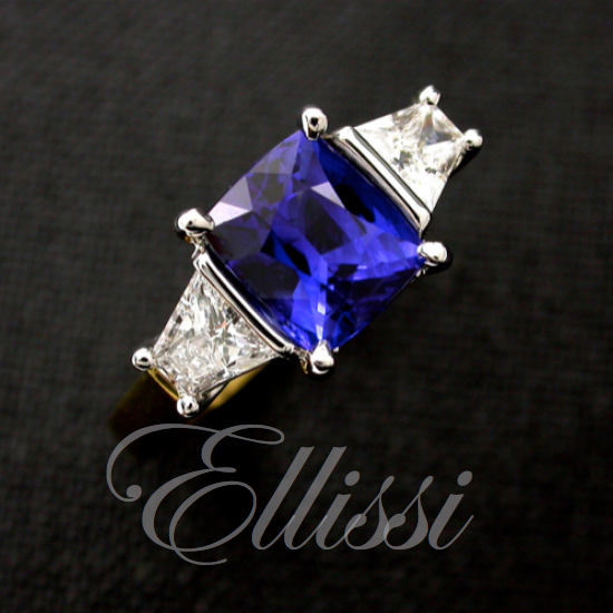 “Cornflower” Sapphire and Trapezoid Diamond Ring