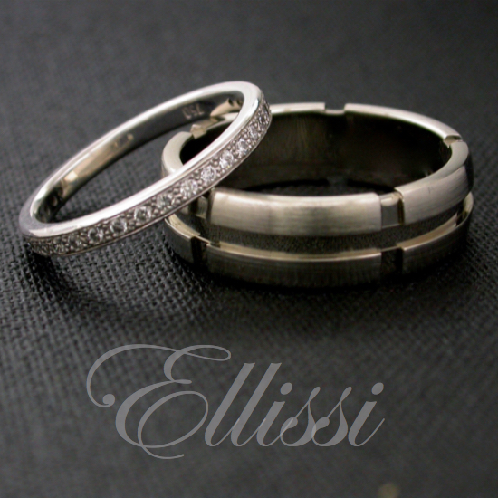 Diamond set wedding band shown with male wedding ring that has castellated sections