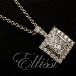 Princess cut diamond Pendant surrounded by round brilliant cut diamonds