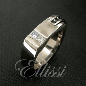 Two different versions of channel set diamond ring settings with princess cut diamonds and black diamonds