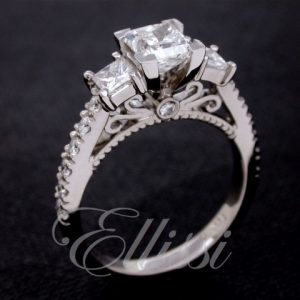 Princess cut diamond ring, three stone featuring a variety of ring settings
