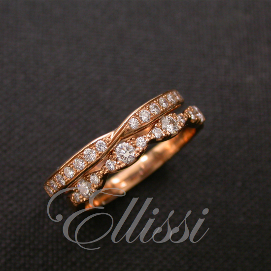 Two 18ct. rose gold diamond set wedding rings