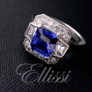 Stunning sapphire and trapezoid diamond cut engagement ring