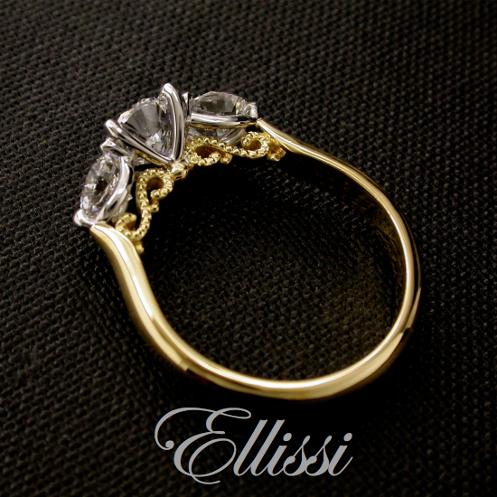 Detailed trilogy ring. Beaded Filigree Under Rail 3 stone ring