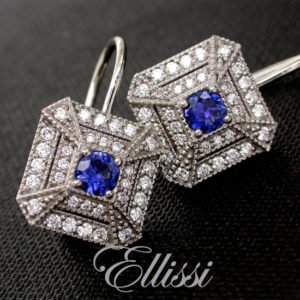 Hook earrings set with matching round ceylon sapphires and diamonds